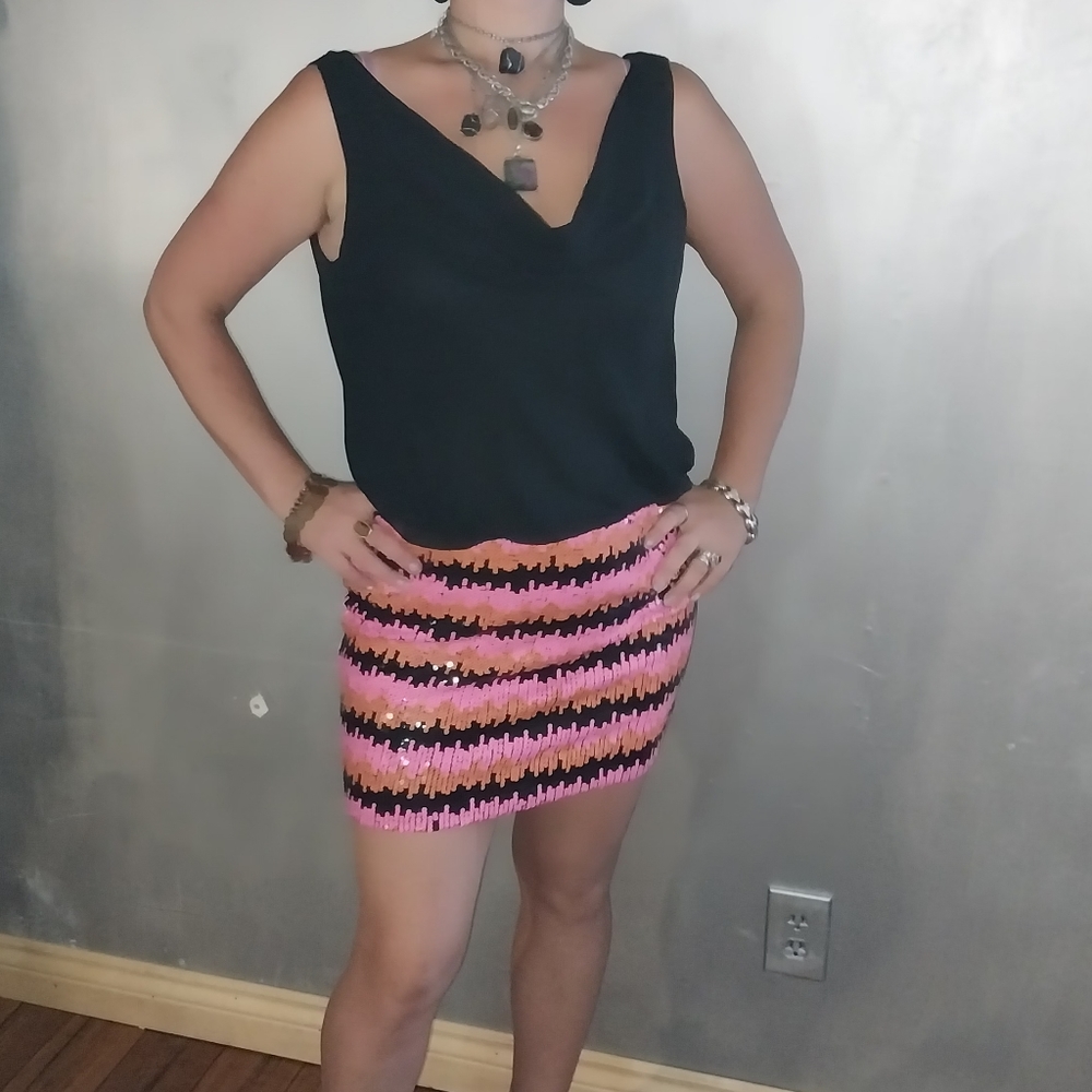 Squin cow neck mini dress.